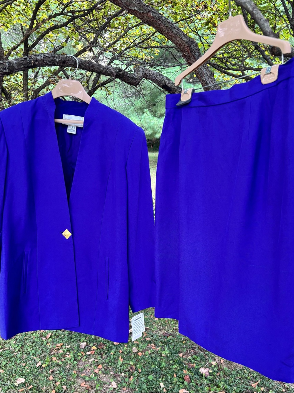 Vibrant Purple Classic Tailored Silk Barrie Pace Suit—pricey upscale brand